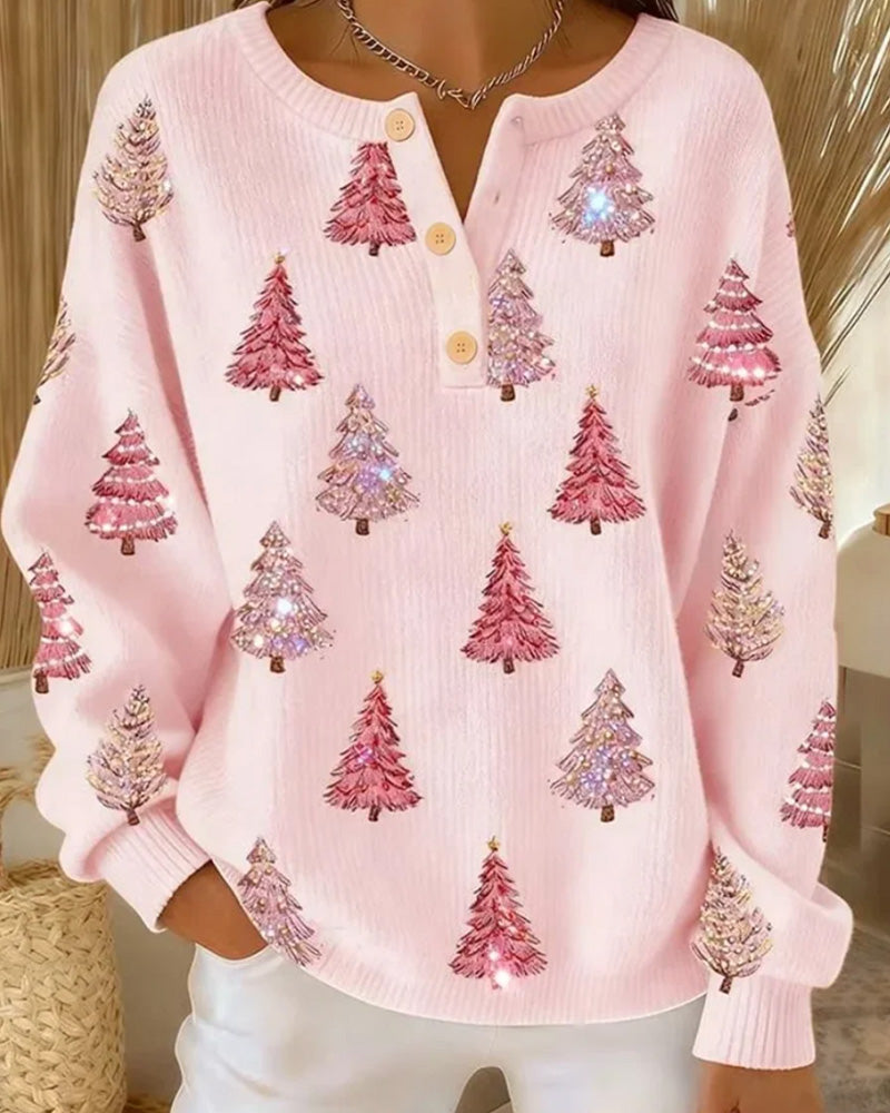 Pullover Weihnachtsbaum Druck Henley Kragen