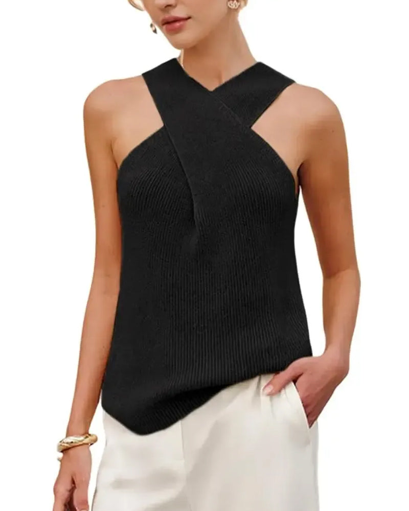 Top Damen Halter Cross Over Kragen Tanktop Strick ärmellos