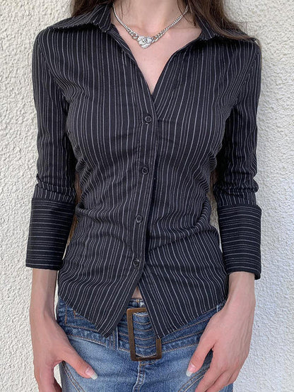 Black Vintage Stripe V Neck Slim Fit Long Sleeve Shirt