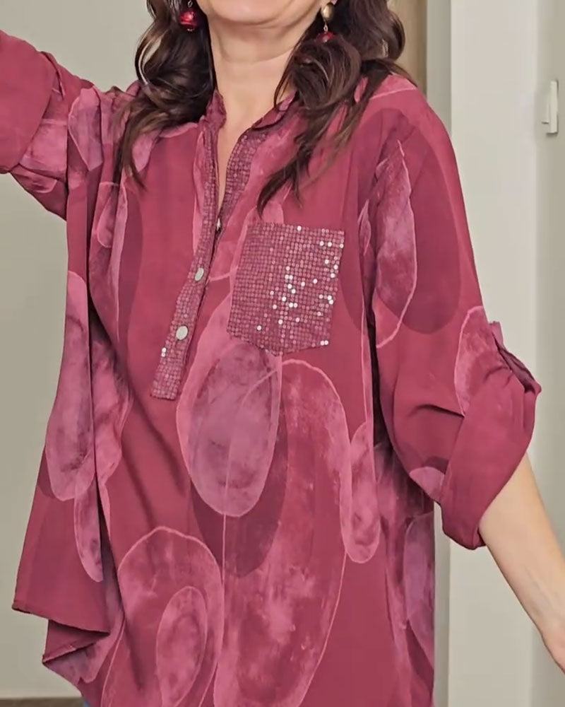 Bluse Knopfleiste bedruckt Tasche