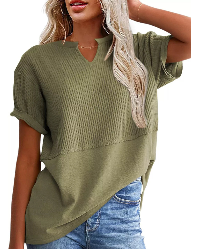 T-Shirt Tailliert Patchwork V-Ausschnitt Pullover