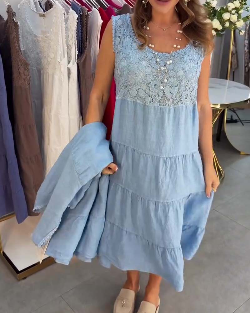 Kleid Rundhals Ärmellos Spitze Lagen