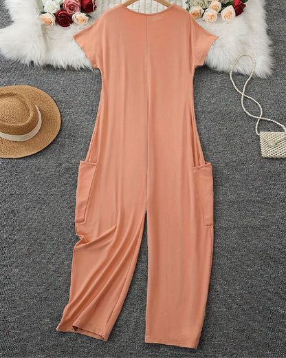 Jumpsuit V-Ausschnitt Kurzarm Weites Bein