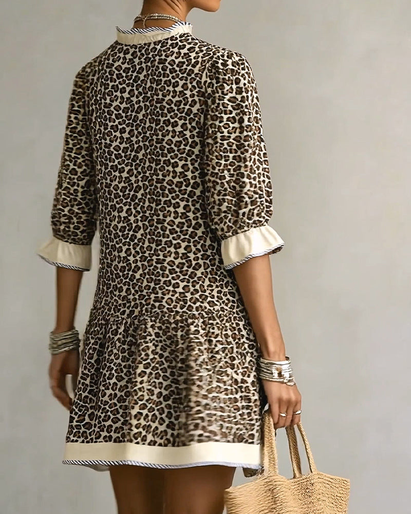 Kleid Leopard Druck Rüsche V-Ausschnitt
