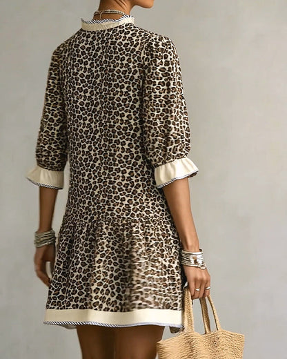 Kleid Leopard Druck Rüsche V-Ausschnitt
