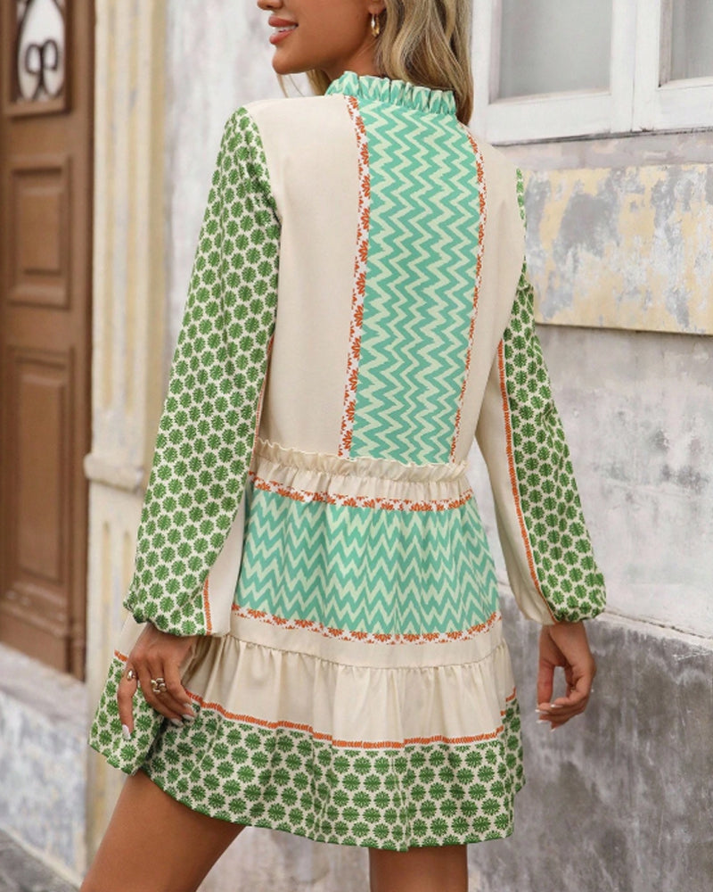 Kleid Stehkragen Bedruckt Patchwork