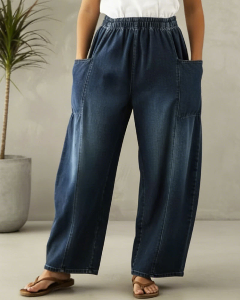 Jeans Elastische-Taille Breites-Bein