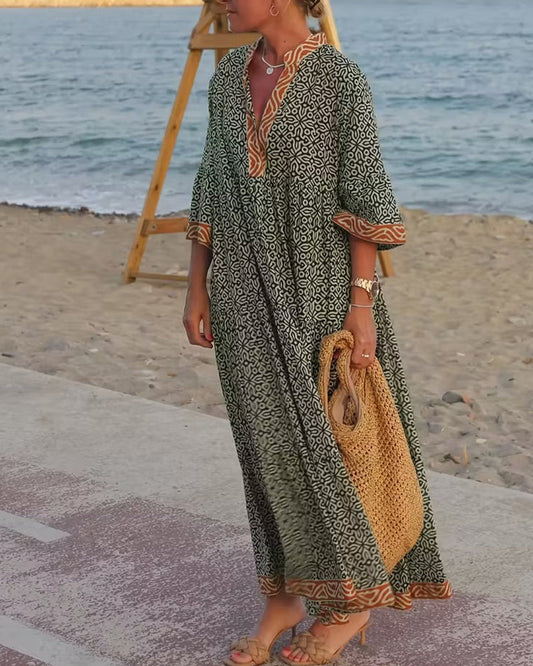 Kleid V-Ausschnitt Dreiviertelärmel Druck Urlaub