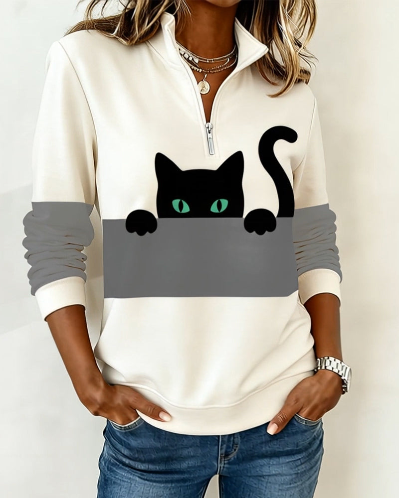 Sweatshirt Halbreißverschluss Katzenprint