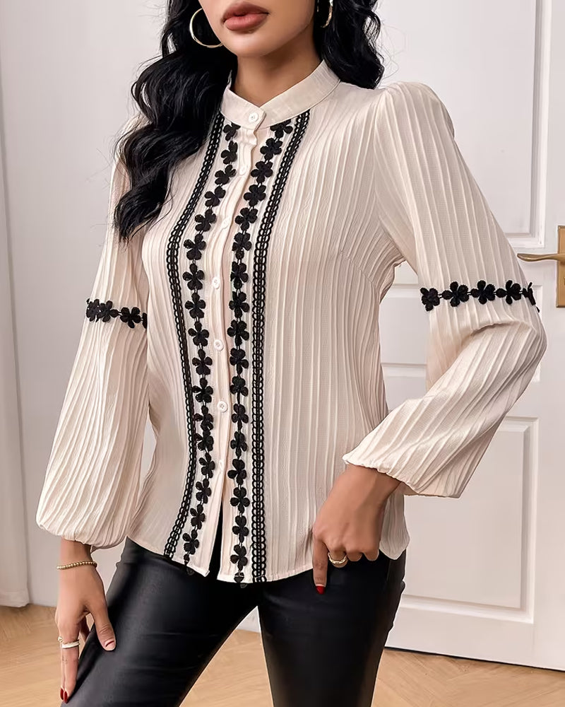 Bluse Elegant Spitze Patchwork Puffärmel