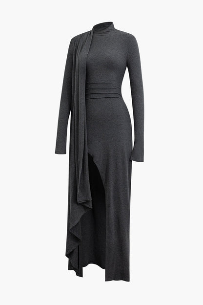 Mock Neck Wrap Dress with Ruffle Long Sleeves and Slit