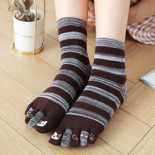 Lässige Gestreifte 5-Finger-Socken Kaffee