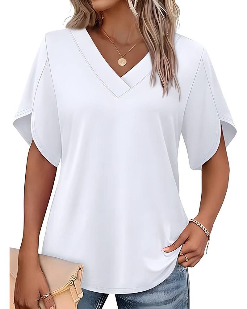 T-Shirt V-Ausschnitt Kleiner Schlitz Kurzarm Einfarbig