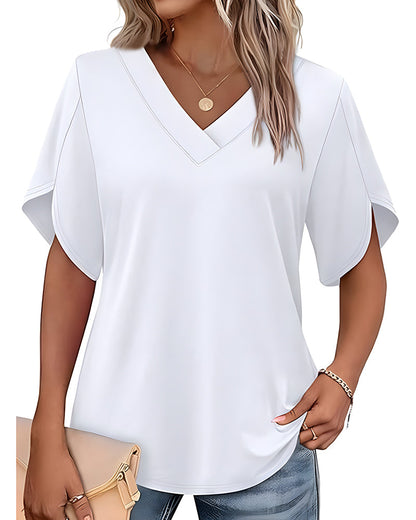 T-Shirt V-Ausschnitt Kleiner Schlitz Kurzarm Einfarbig
