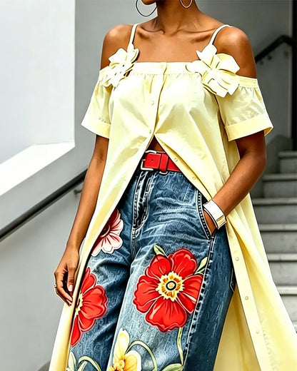 Bluse Dünner Träger Cold Shoulder Lang