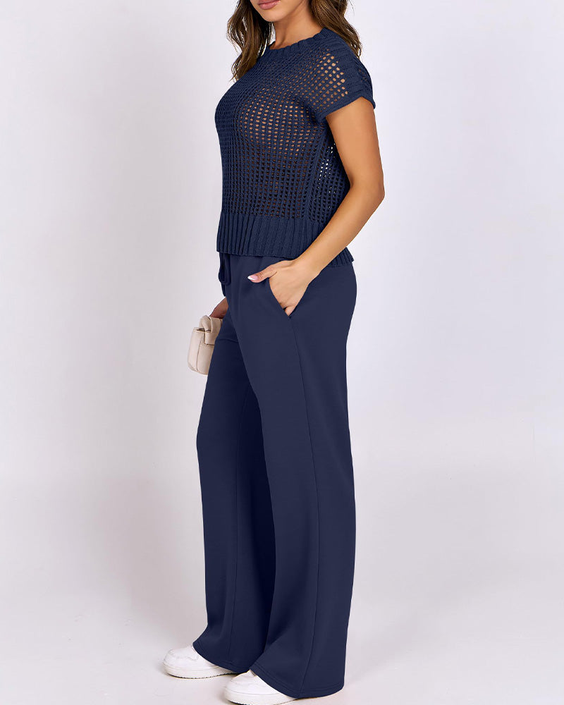 Set Rundhalsausschnitt Kurzarm Durchbrochener Pullover