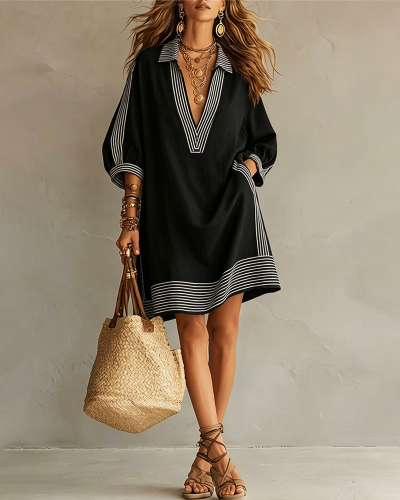 Kleid Gestreifter Print Laternenärmel V-Revers