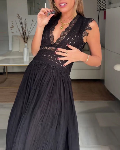 Kleid Spitze Tief V-Ausschnitt Halterneck Lang