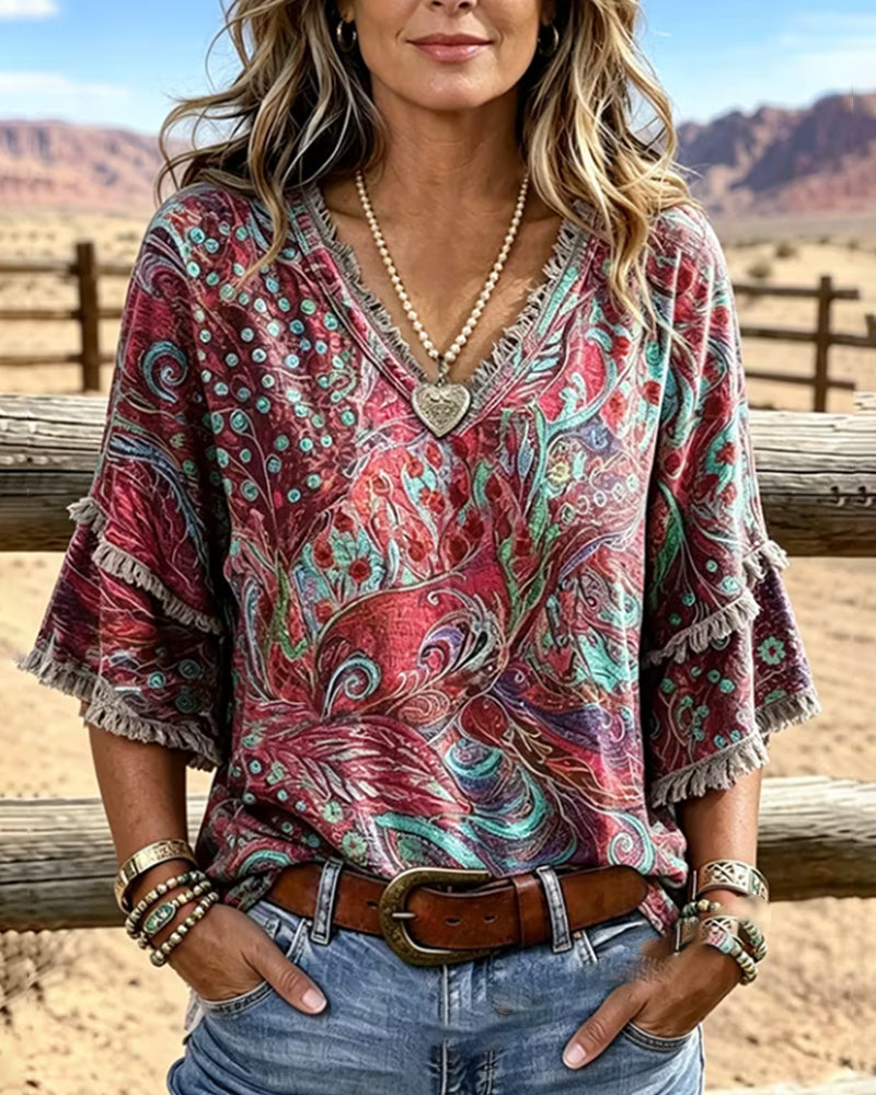 Bluse Mode V-Ausschnitt Druck
