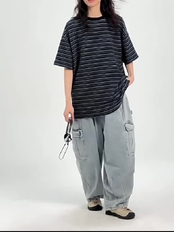 2000er Streifenprint Oversized Kurzarm Shirt