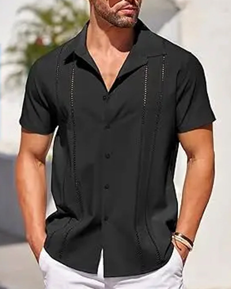 Hemden Herren Kubanisches Guayabera-Hemd Kurzarm Knopfleiste