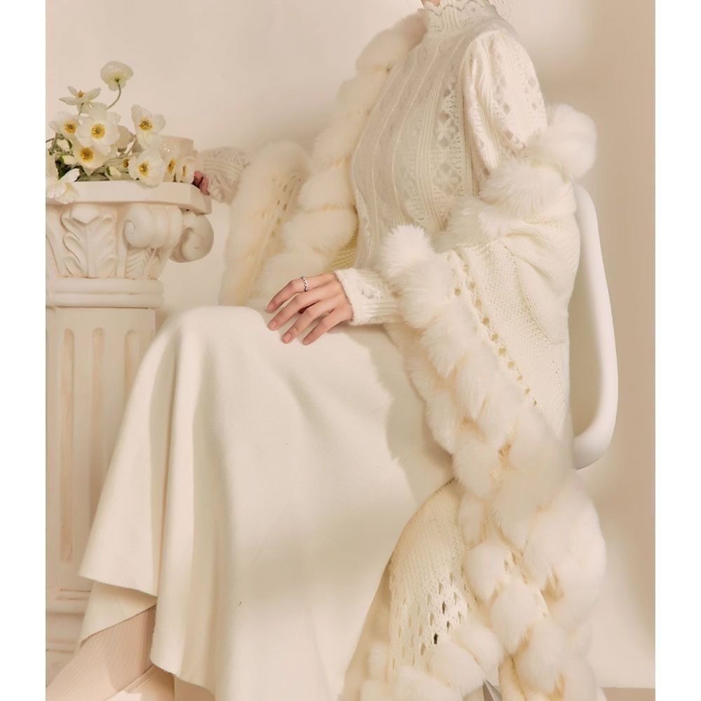 White Knit Cape with Faux Fur Trim for Women - Monica