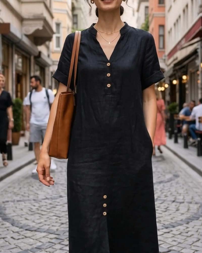 Kleid V-Ausschnitt Kurzarm Knopf