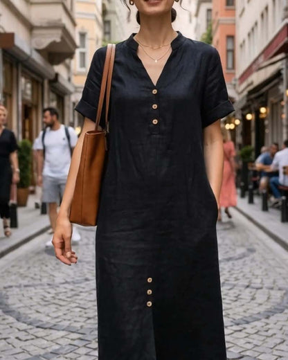 Kleid V-Ausschnitt Kurzarm Knopf