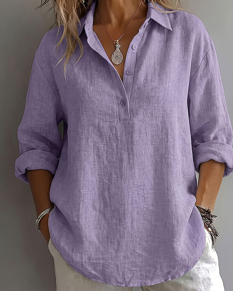 Bluse Einfarbig Revers Halbe Knopfleiste Langarm
