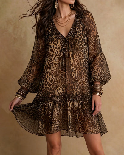Kleid V-Ausschnitt Leopardenmuster Puffärmel Rüsche