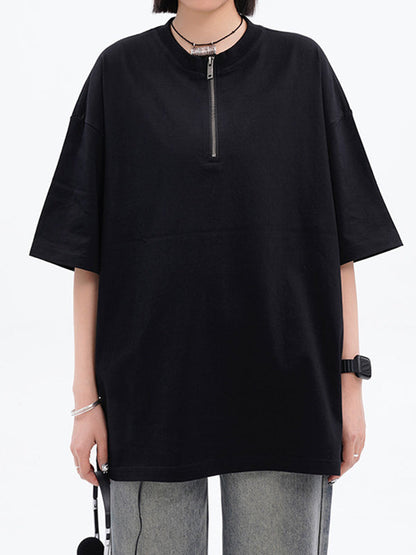 Einfarbiges Vintage Reißverschluss Kurzarm T-Shirt