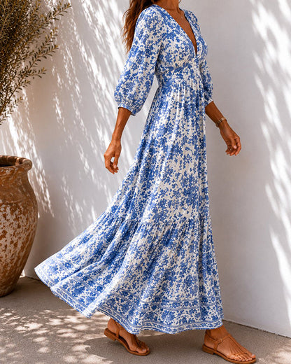Kleider Blau Porzellan Print Taille Tailliert
