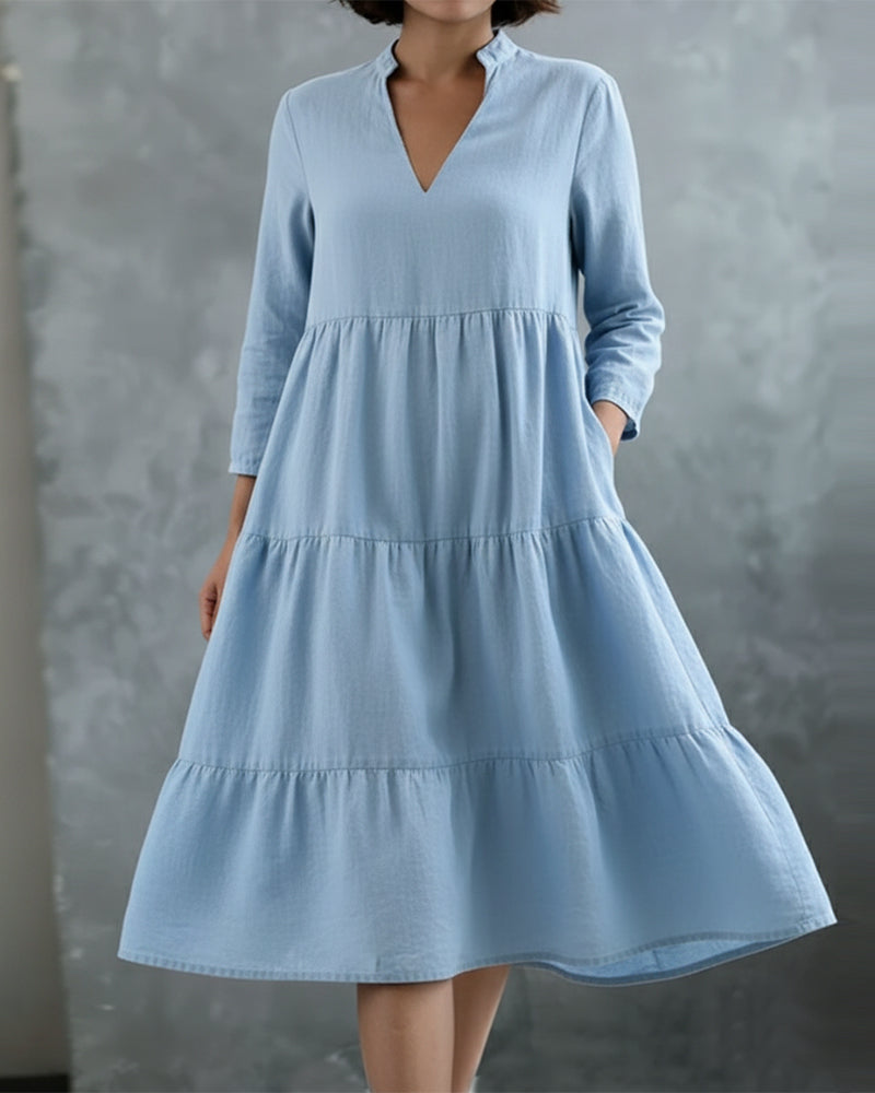 Kleid einfarbig V-Ausschnitt langärmlig