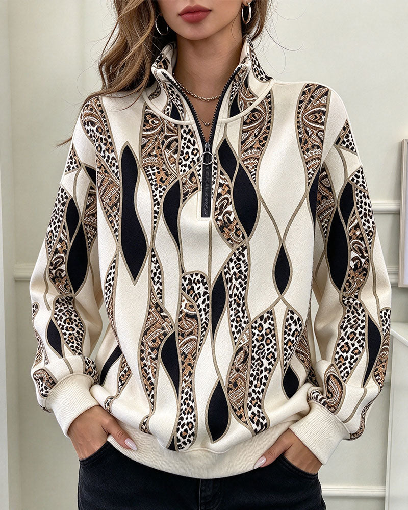 Sweatshirt Geometrisch Paisley Halber Reißverschluss Stehkragen