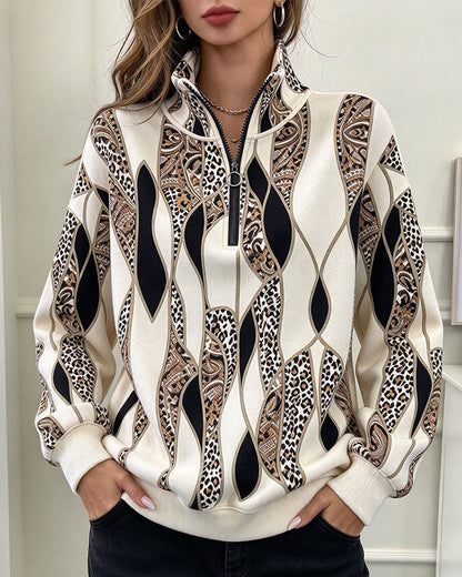 Sweatshirt Geometrisch Paisley Halber Reißverschluss Stehkragen