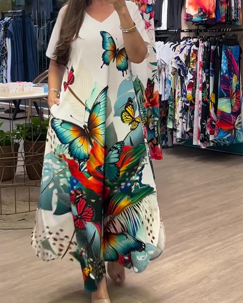 Kleid V-Ausschnitt Schmetterlingsdruck Lang