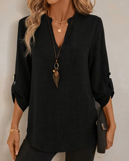 Bluse V-Ausschnitt Einfarbig Langarm Tasche