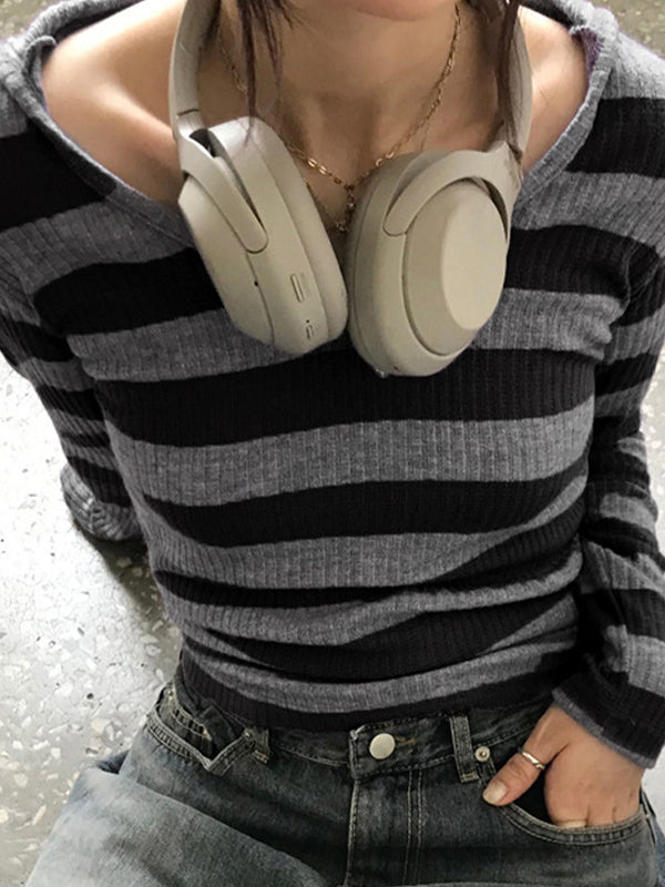 Schwarzes Vintage Slim Fit Vielseitiges V-Aussch Langarm Shirt