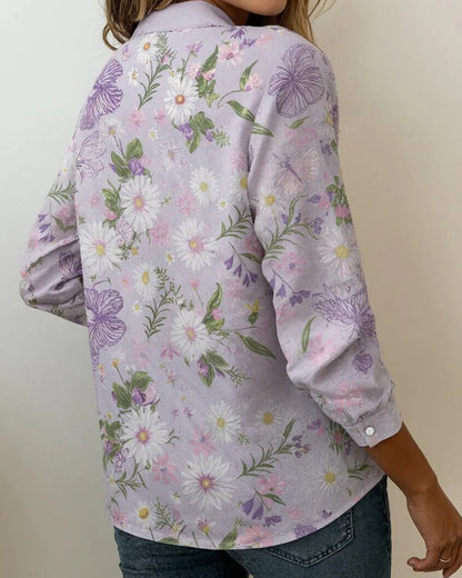 Bluse Gänseblümchen- und Schmetterlingsdruck Langarm