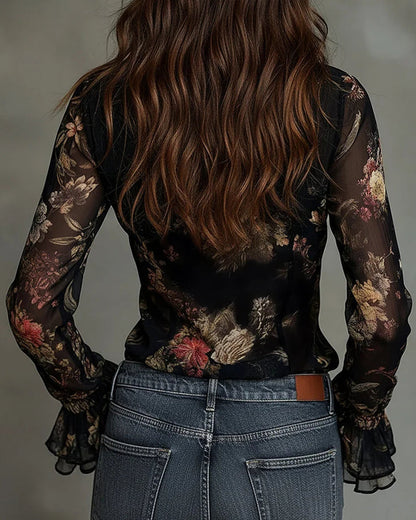 Bluse mit Rüschen V-Ausschnitt und Druck