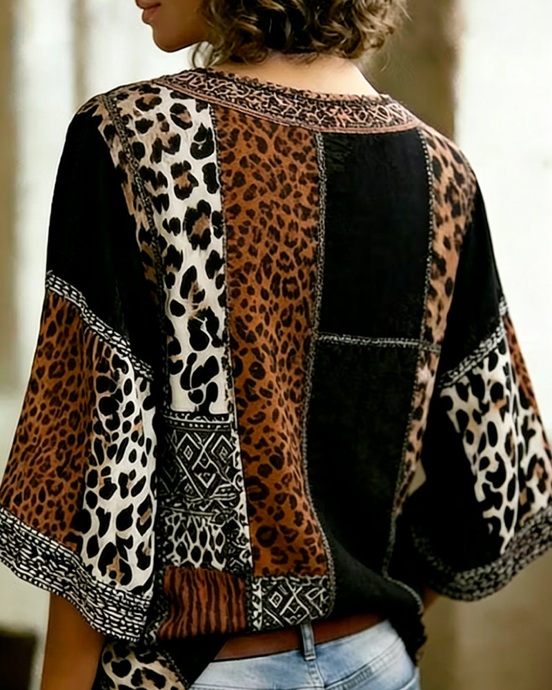 Bluse Leopard Patchwork Laterne Ärmel