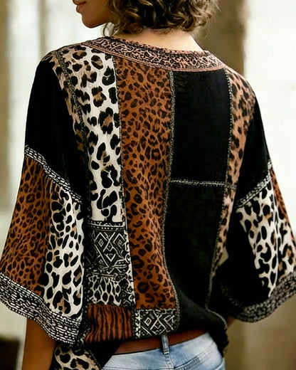 Bluse Leopard Patchwork Laterne Ärmel