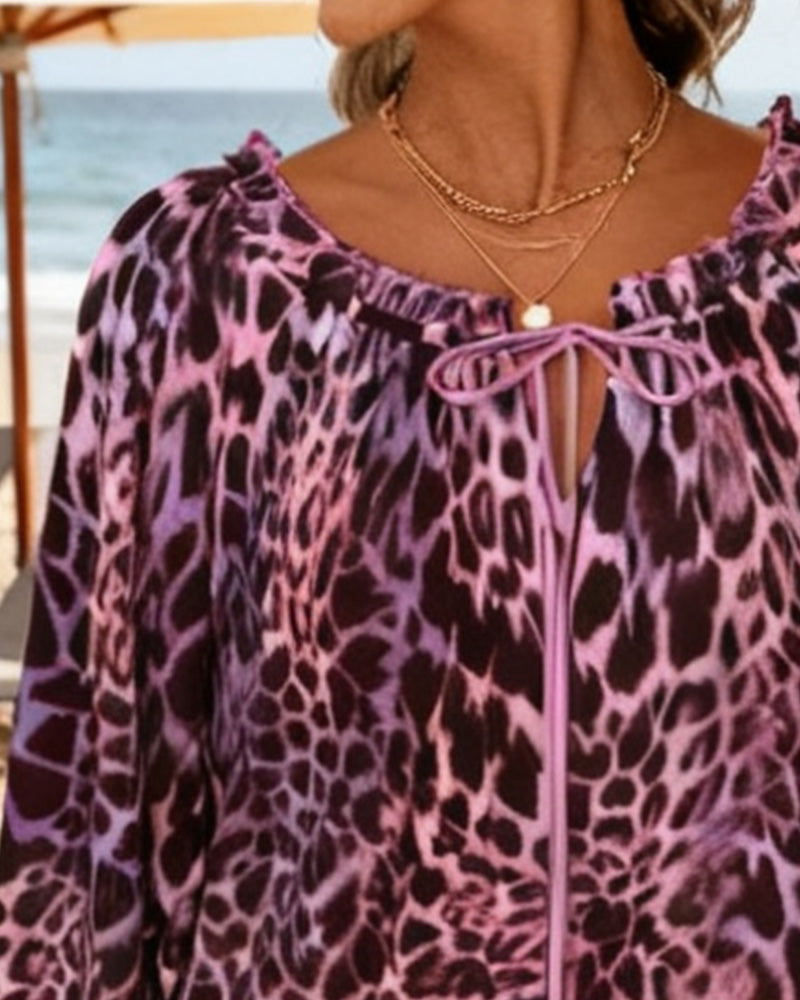 bluse Laternenärmel mit Schleife Leopardenmuster