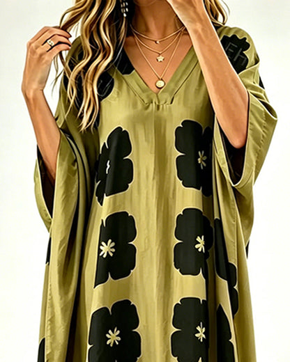 Kleid Print V-Ausschnitt Fledermausärmel Loose Fit