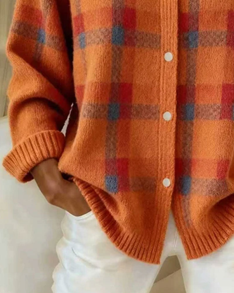 Strickjacke Karomuster Hemdkragen Geknöpft