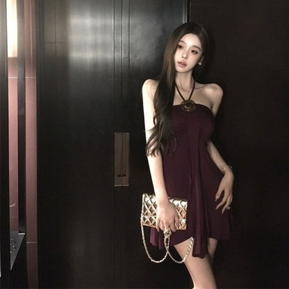 Wine Red Halter Mini Dress for Women - Isabella