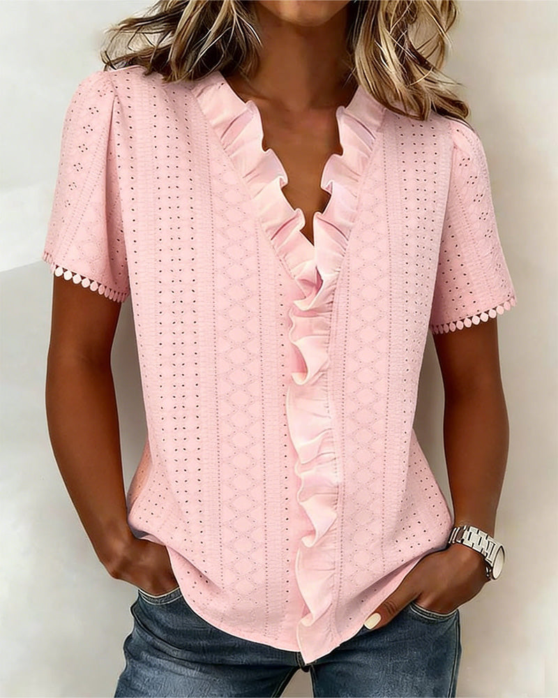 Bluse Rüsche V-Ausschnitt Kurzarm Cut-Out
