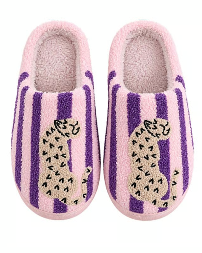 Dames Retro Gestreept & Luipaard Pluizige Pantoffels