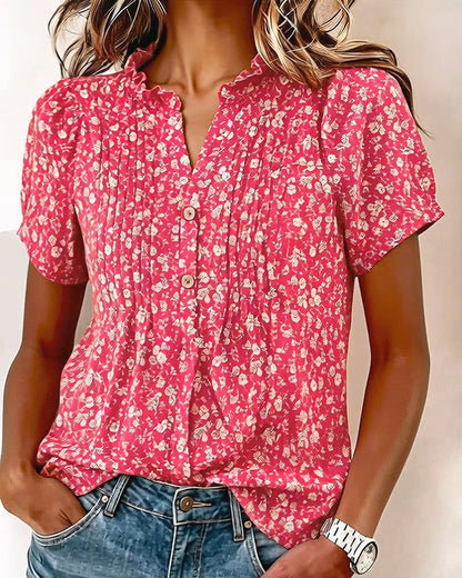 Bluse V-Ausschnitt Knopf Blumenprint