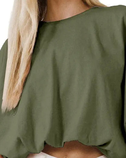 Oberteil Einfarbig Puffärmel Cropped